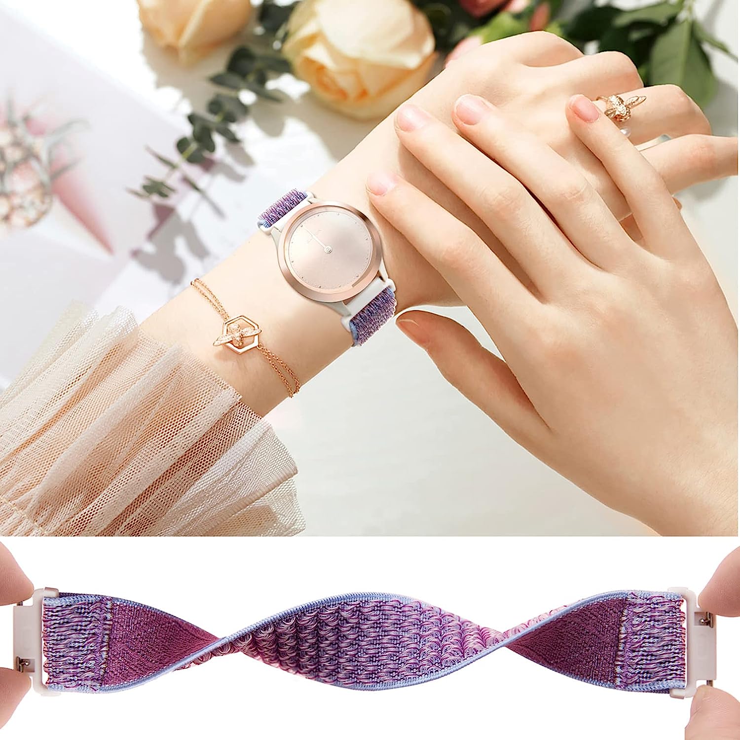 Farluya 3 Pack 18mm Stretchy Nylon Watch Bands for Fossil Women's Gen 5E 42mm / Gen 6 42mm,Soft Quick Release Wristband Loop Elastic Strap for Fossil Venture Gen 4 HR/Gen 3 Women Men - Image 4